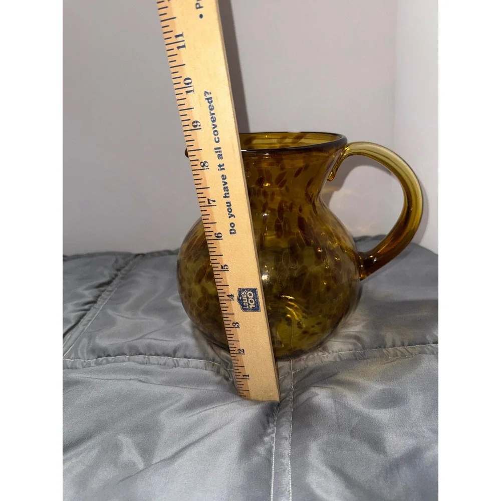Hand Blown Amber Tortoiseshell Glass Pitcher Round Leopard Spot Art Glass Carafe